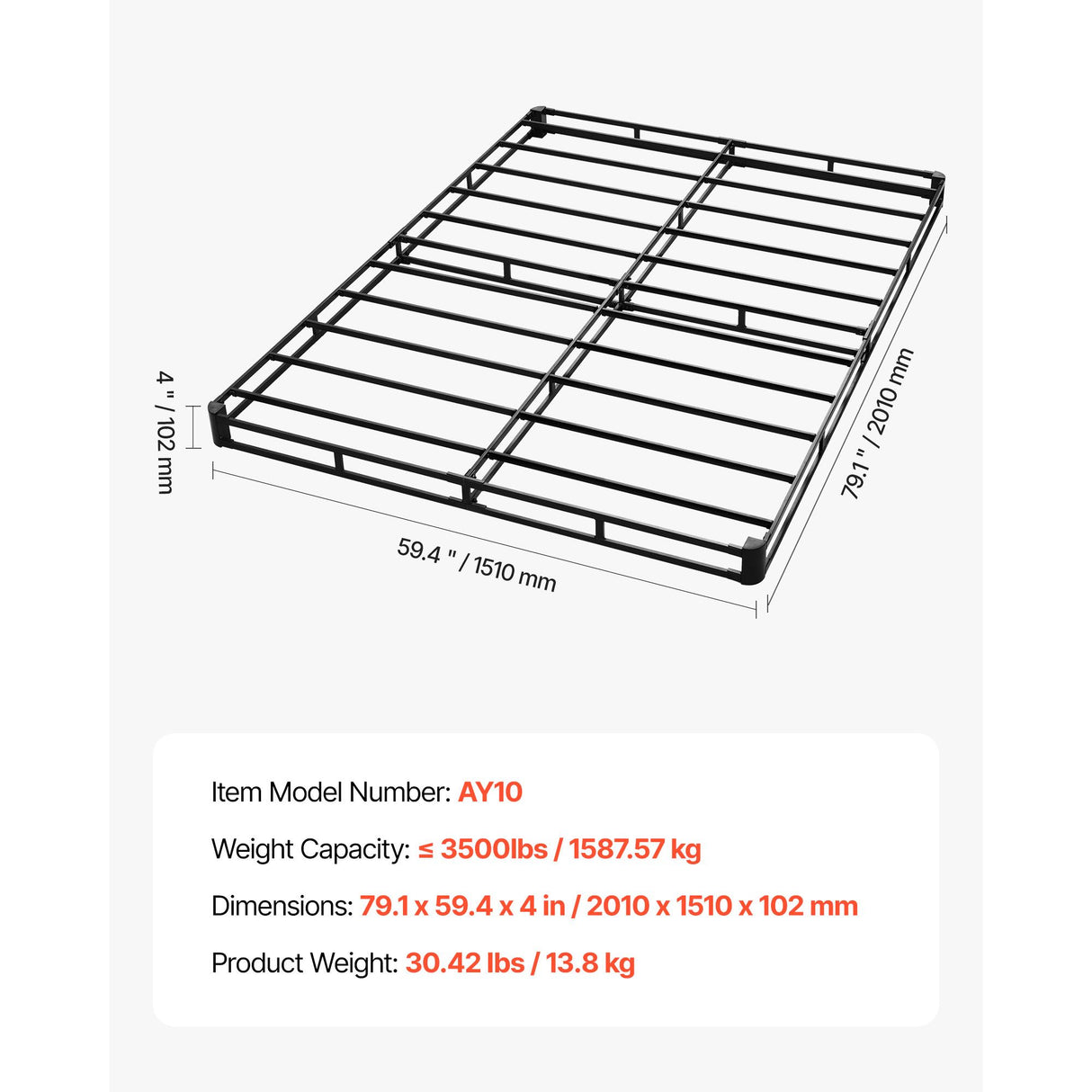 Box Spring, Queen Size Bed Frame with Washable Fabric Cloth, Heavy Duty Metal Frame for Queen Bed, 102 mm Mattress Foundation, 1587.57 kg Max Weight Capacity, Easy Assembly, 2010 x 1510 x 102 mm
