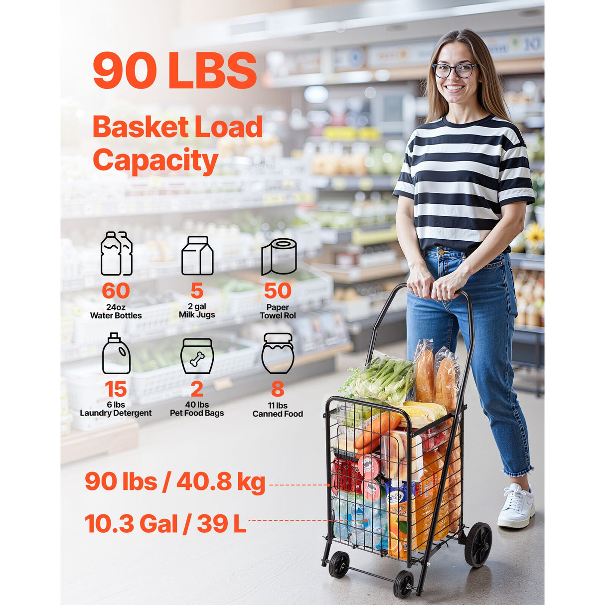 Shopping Cart, Folding Grocery Utility Cart with Swivel Wheels, 40.8 kg Large Load Capacity, Heavy Duty Rolling Laundry Basket Butler for Laundry, Shopping, Camping, Grocery, Luggage, Black