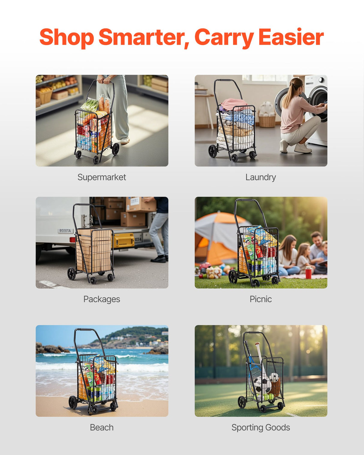 Shopping Cart, Folding Grocery Utility Cart with Swivel Wheels, 40.8 kg Large Load Capacity, Heavy Duty Rolling Laundry Basket Butler for Laundry, Shopping, Camping, Grocery, Luggage, Black