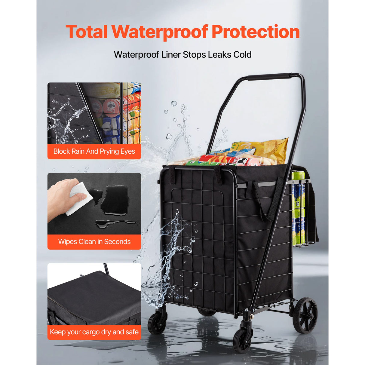 Shopping Cart, Folding Grocery Utility Cart with Dual Baskets, Waterproof Liner & Wheels, 45 KG Large Load Capacity, Heavy Duty Laundry Basket for Laundry, Shopping, Camping, Grocery, Luggage