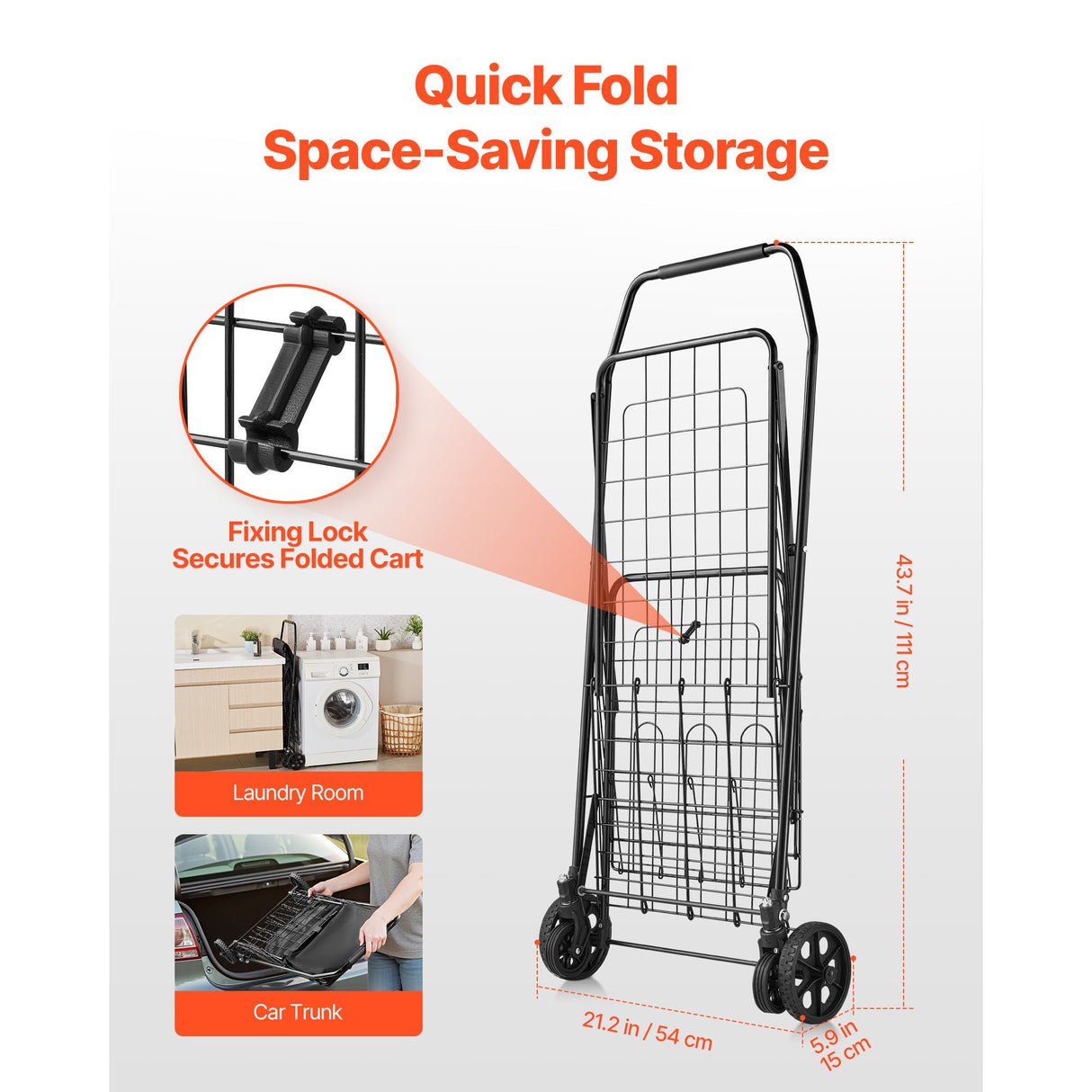 Shopping Cart, Folding Grocery Utility Cart with Dual Baskets, Waterproof Liner & Wheels, 45 KG Large Load Capacity, Heavy Duty Laundry Basket for Laundry, Shopping, Camping, Grocery, Luggage