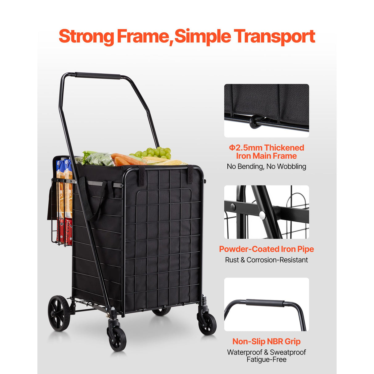 Shopping Cart, Folding Grocery Utility Cart with Dual Baskets, Waterproof Liner & Wheels, 45 KG Large Load Capacity, Heavy Duty Laundry Basket for Laundry, Shopping, Camping, Grocery, Luggage