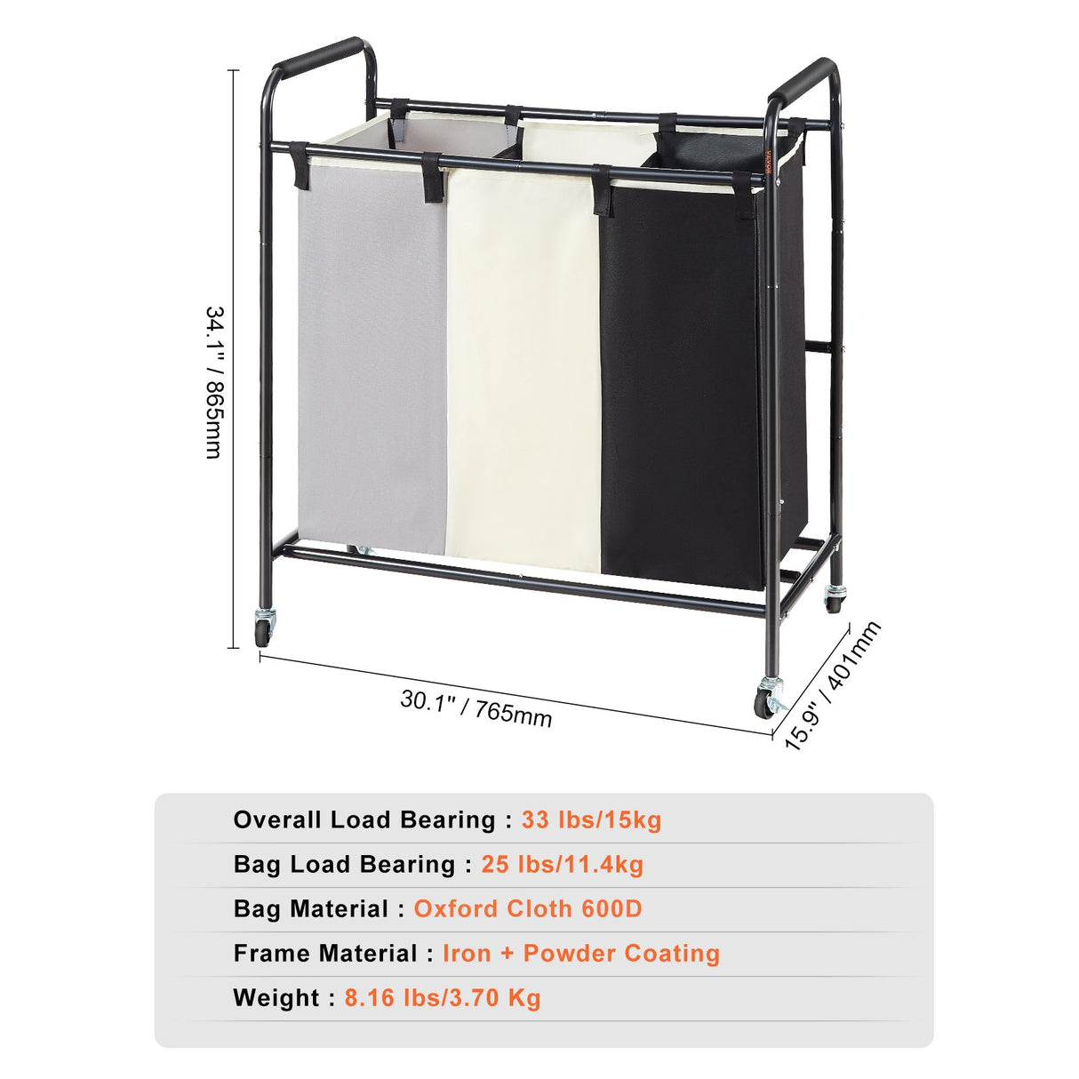 3-Section Laundry Basket, Heavy Duty Laundry Hamper Storage Organizer, Laundry Sorter Cart with Heavy Duty Lockable Wheels for Dirty Clothes in Laundry Room Bedroom