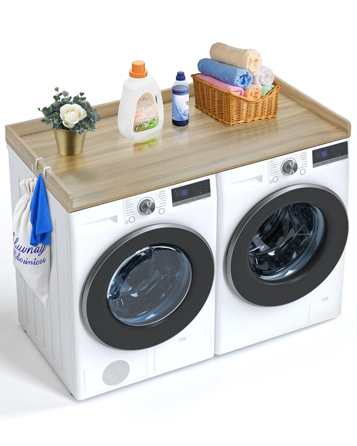 Washer Dryer Countertop, 54" x 27" Wooden Washer and Dryer Countertop, Water-Resistant Laundry Machine Topper Cover with Anti-Slip Pads, for Laundry Room Organization and Storage, Oak