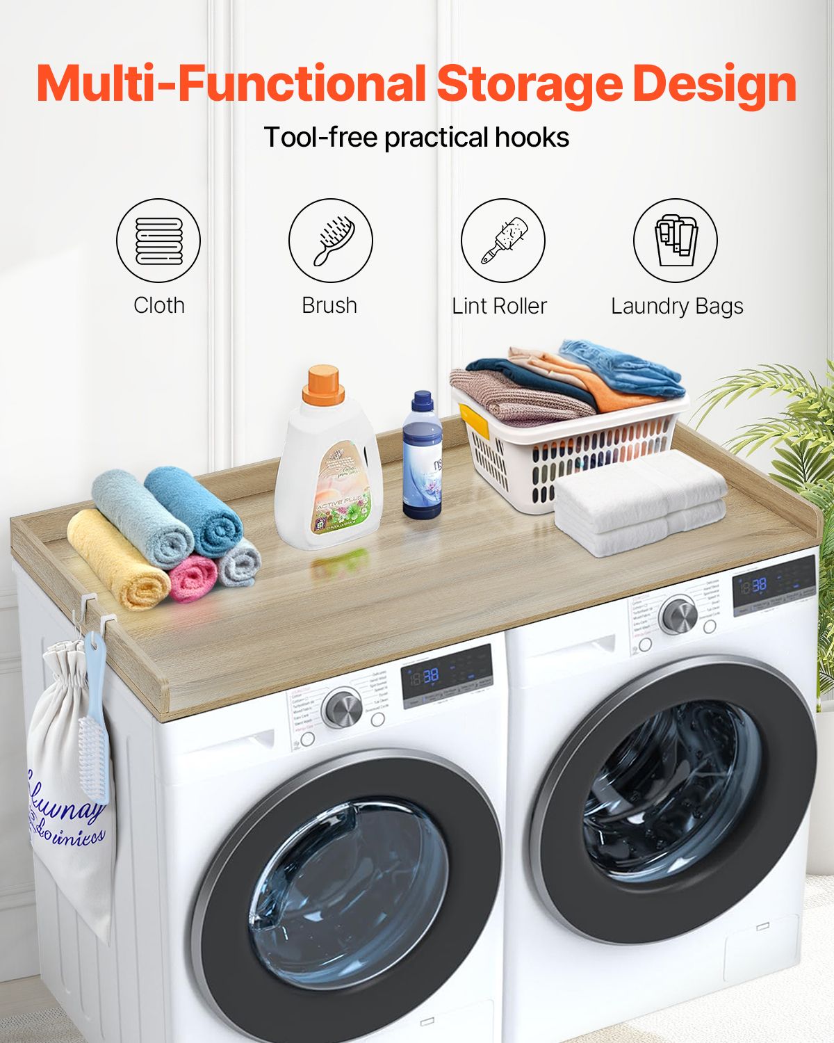 Washer Dryer Countertop, 54" x 27" Wooden Washer and Dryer Countertop, Water-Resistant Laundry Machine Topper Cover with Anti-Slip Pads, for Laundry Room Organization and Storage, Oak