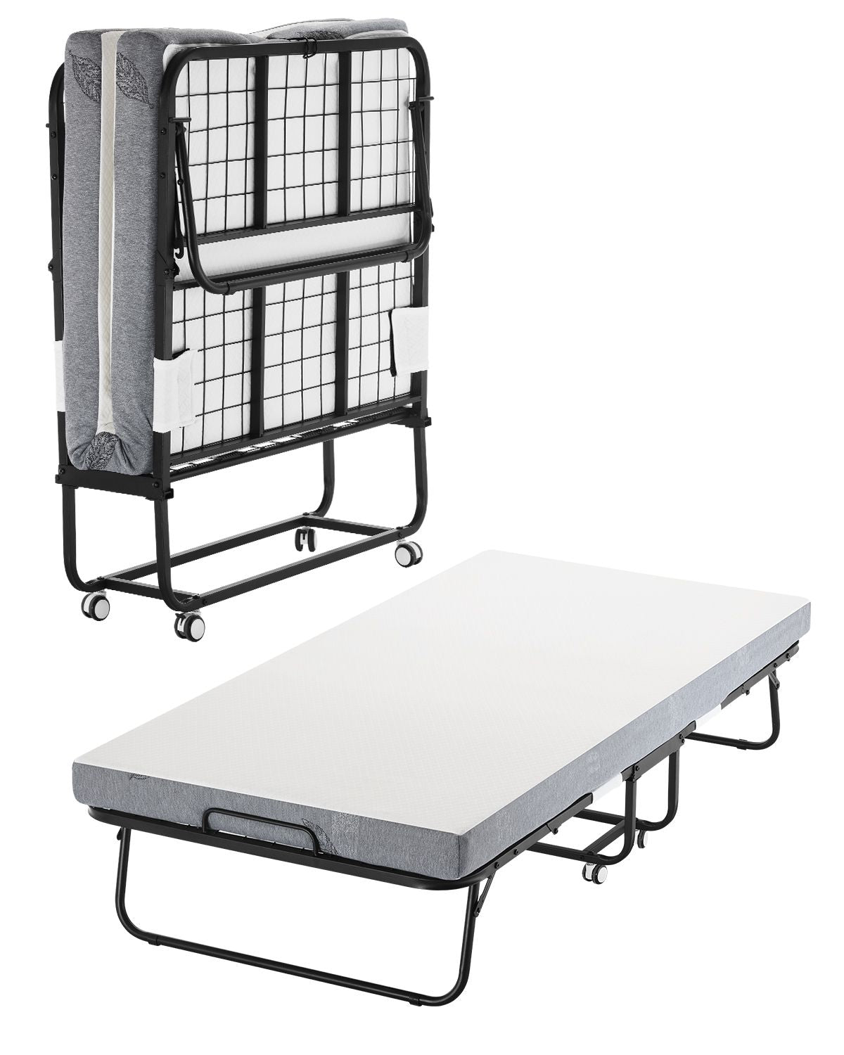 Rollaway Bed, 96.5 cm x 190 cm Folding Bed with 10 cm Mattress, Twin Size Foldable Bed with Sturdy Metal Frame & Memory Foam Mattress, Portable Roll Away Bed with Mattress, for Adults, Guest