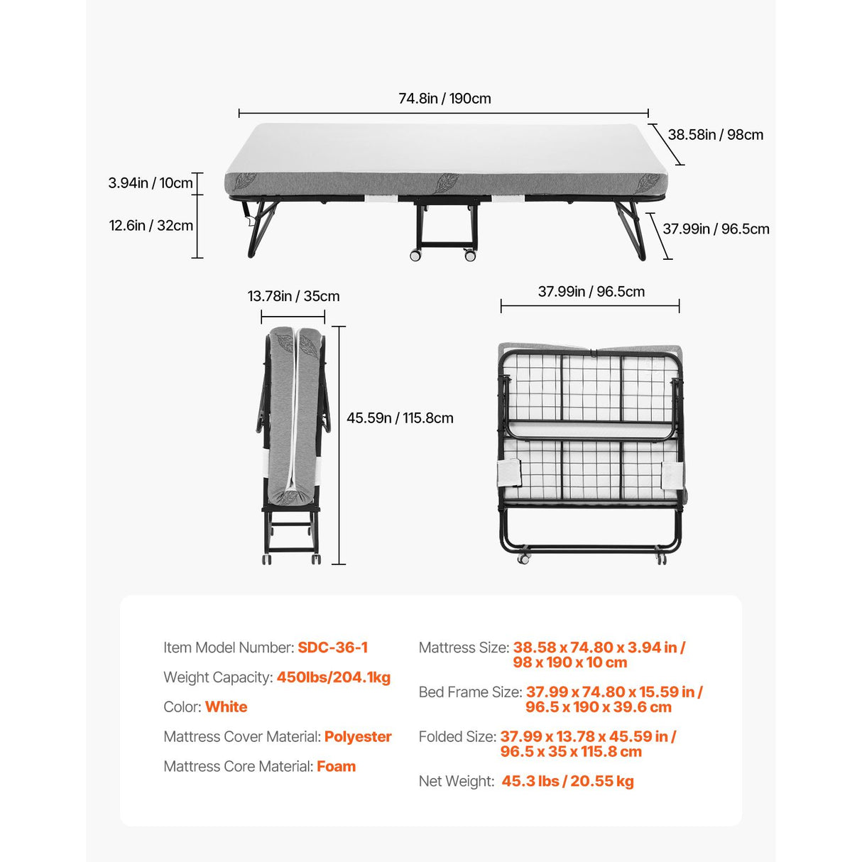 Rollaway Bed, 96.5 cm x 190 cm Folding Bed with 10 cm Mattress, Twin Size Foldable Bed with Sturdy Metal Frame & Memory Foam Mattress, Portable Roll Away Bed with Mattress, for Adults, Guest
