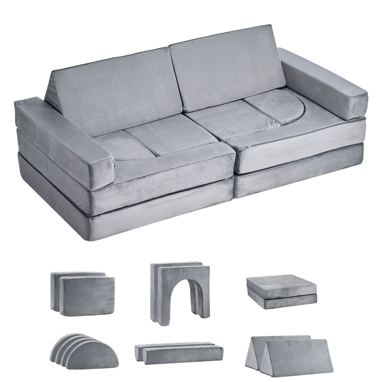 VEVOR Modular Kids Play Couch, Sectional Toddler Sofa with Armrests, 28D Sponge & Short Pile, Convertible Kids Modular Couch DIY Creative Combination for Playroom, Bedroom, Living Room, 14 Pcs, Gray