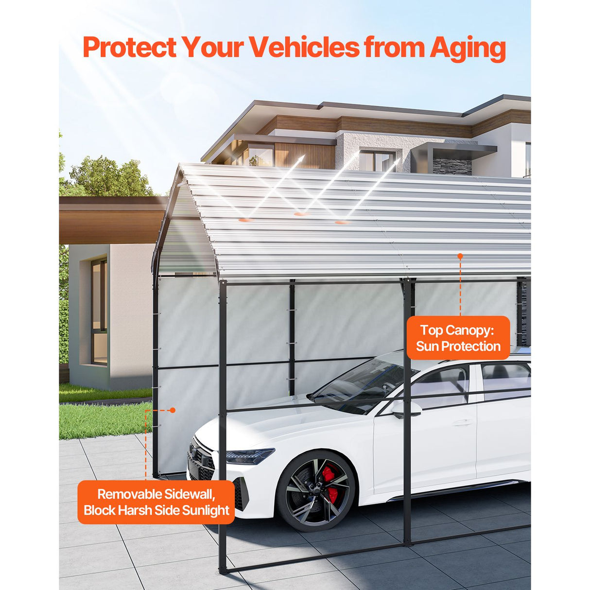 VEVOR Heavy Duty Metal Carport, 10' x 15' Outdoor Carport with Galvanized Steel Frame & Roof, Car Tent Garage Shade with Removable Sidewalls, Multi-Use Car Shelter for Pickup, Boat, Car & Tractors