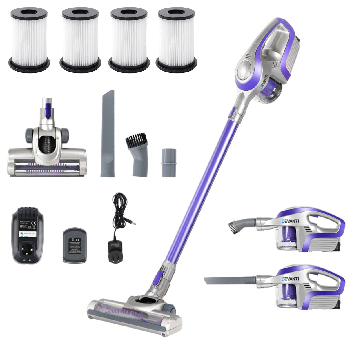 Devanti Stick Vacuum Cleaner Cordless HEPA Filter Purple 150W