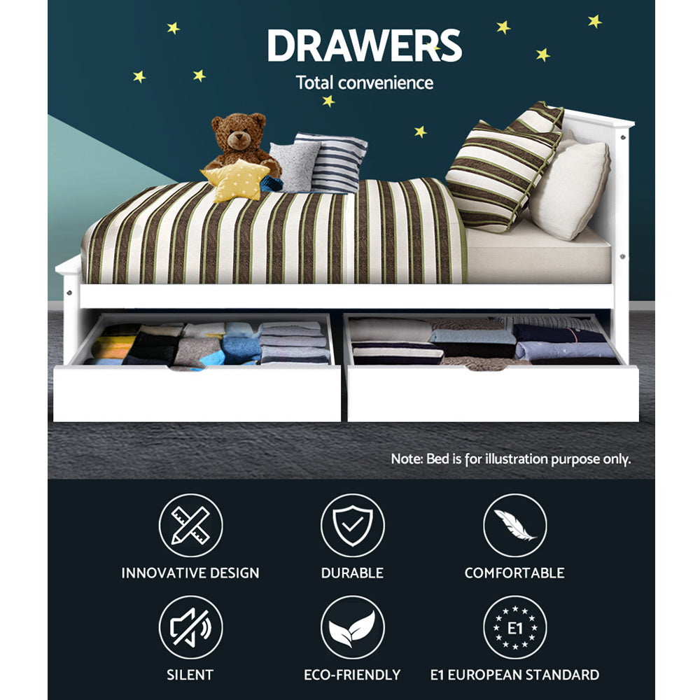 Set of 2 Single Size Wooden Trundle Drawers - White