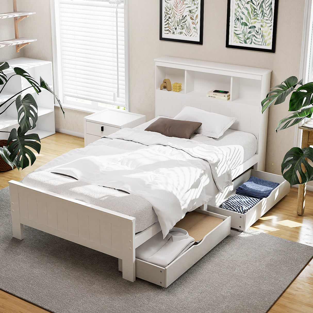 Artiss Bed Frame King Single Size Wooden with 2 Storage Drawers White