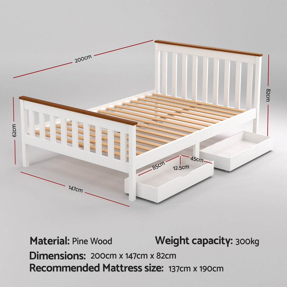 Artiss Bed Frame Double Size Wooden Platform with 2 Storage Drawers White PONY