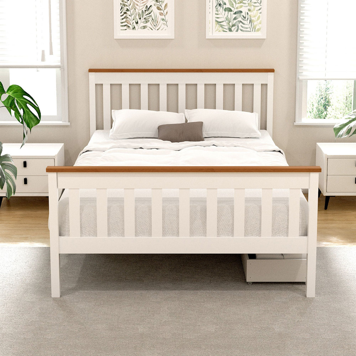 Artiss Bed Frame Double Size Wooden Platform with 2 Storage Drawers White PONY