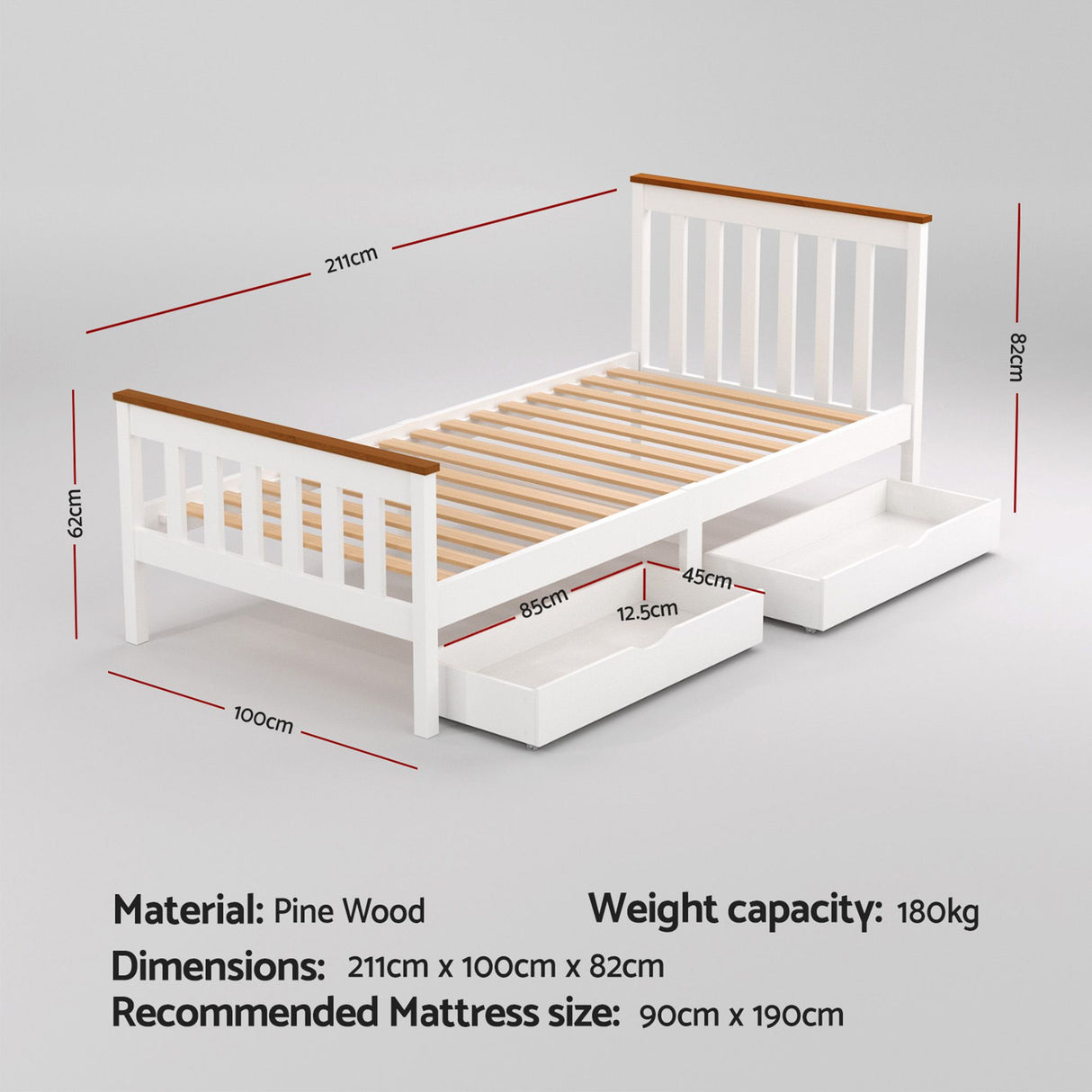 Artiss Bed Frame Single Size Wooden Platform with 2 Storage Drawers White PONY