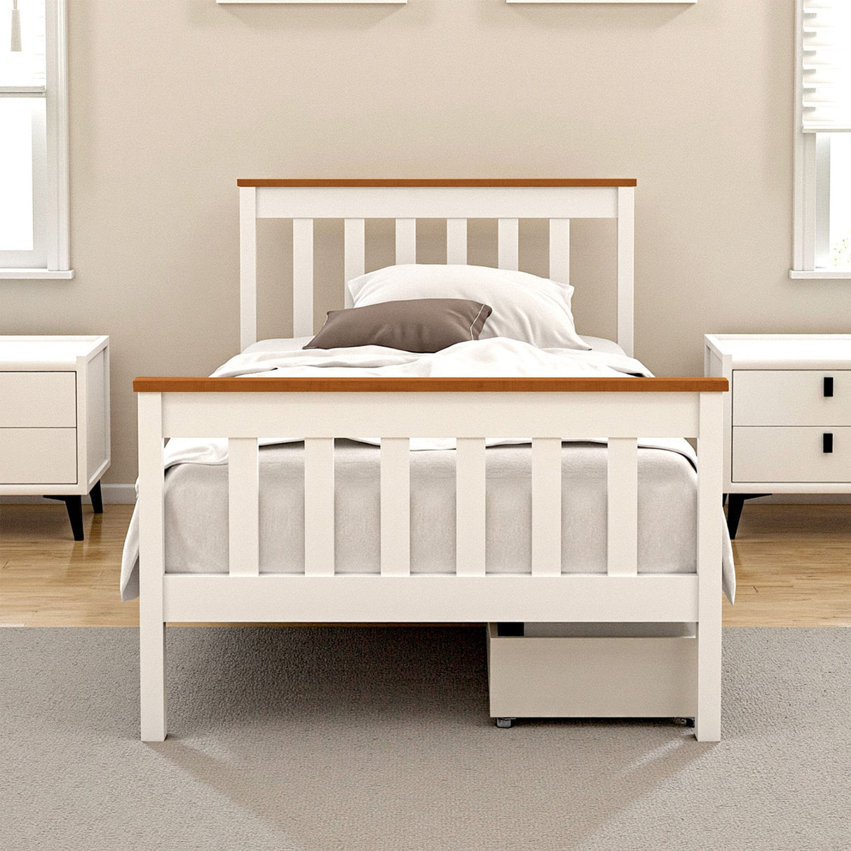Artiss Bed Frame Single Size Wooden Platform with 2 Storage Drawers White PONY