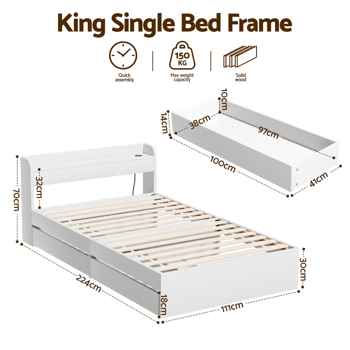 Artiss Bed Frame King Single Size with Charging Ports and 2 Drawers AURA