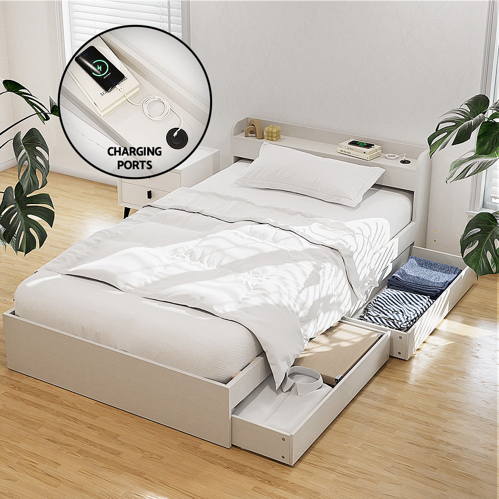 Artiss Bed Frame Single Size with Charging Ports and 2 Drawers AURA