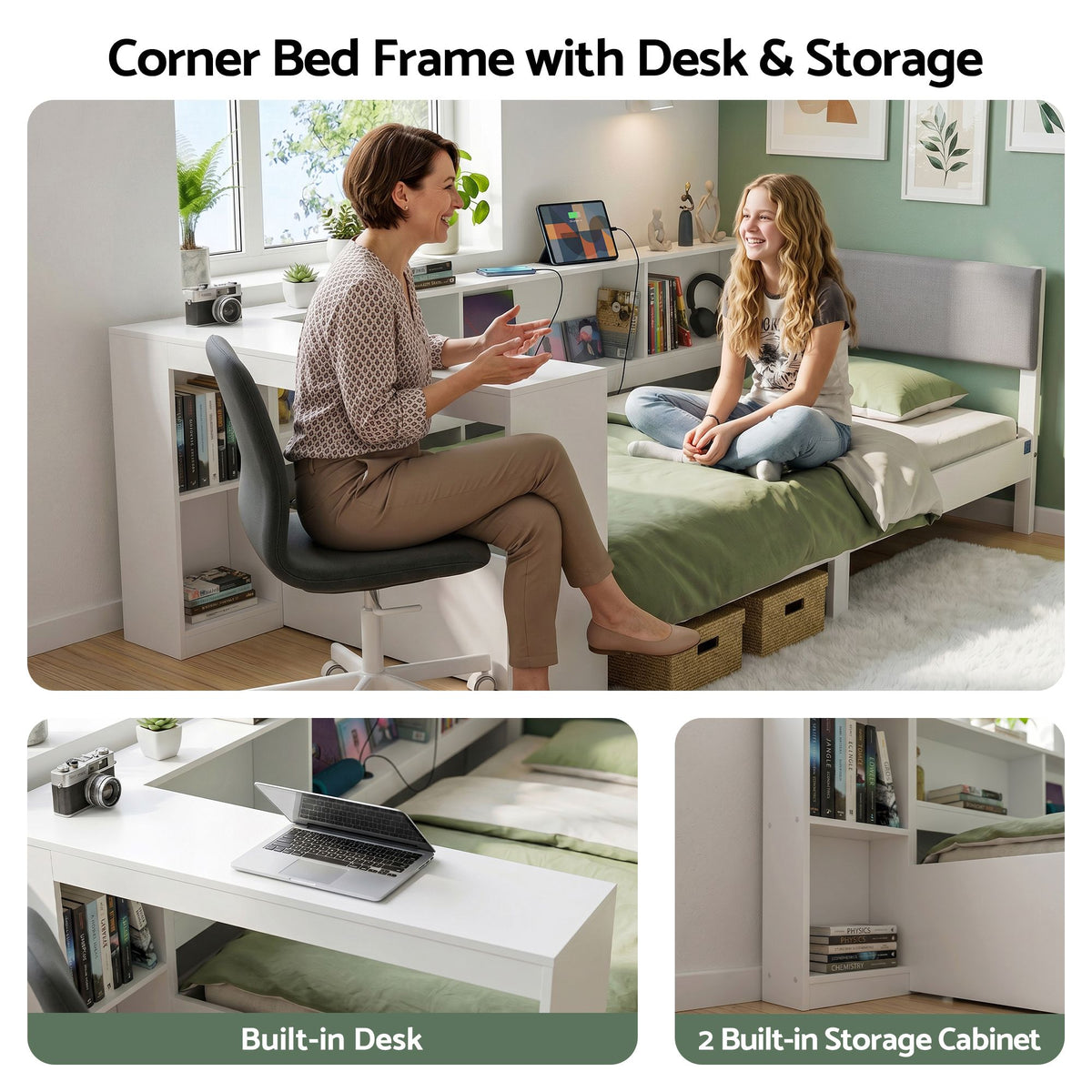 Artiss White Single Solid Wood Corner Platform Bed Frame with Built-in Desk, Storage Shelves and USB-C Charging Station for Small Spaces, Wooden Bed Base for Guest Room