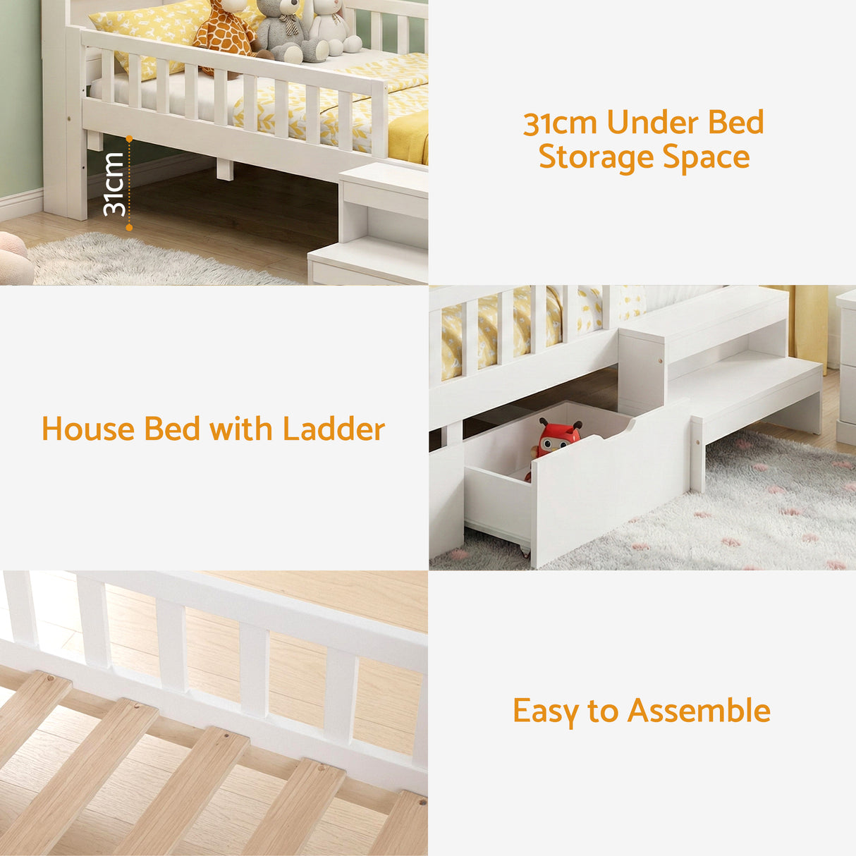 Artiss Single Bed Frame with 2 Storage Drawers, Montessori Bed with Headboard, 2 USB Ports & Led Light, Solid Wood Platform Bed Base with Safety Rail & Ladder, 31CM Under-Bed Storage, White