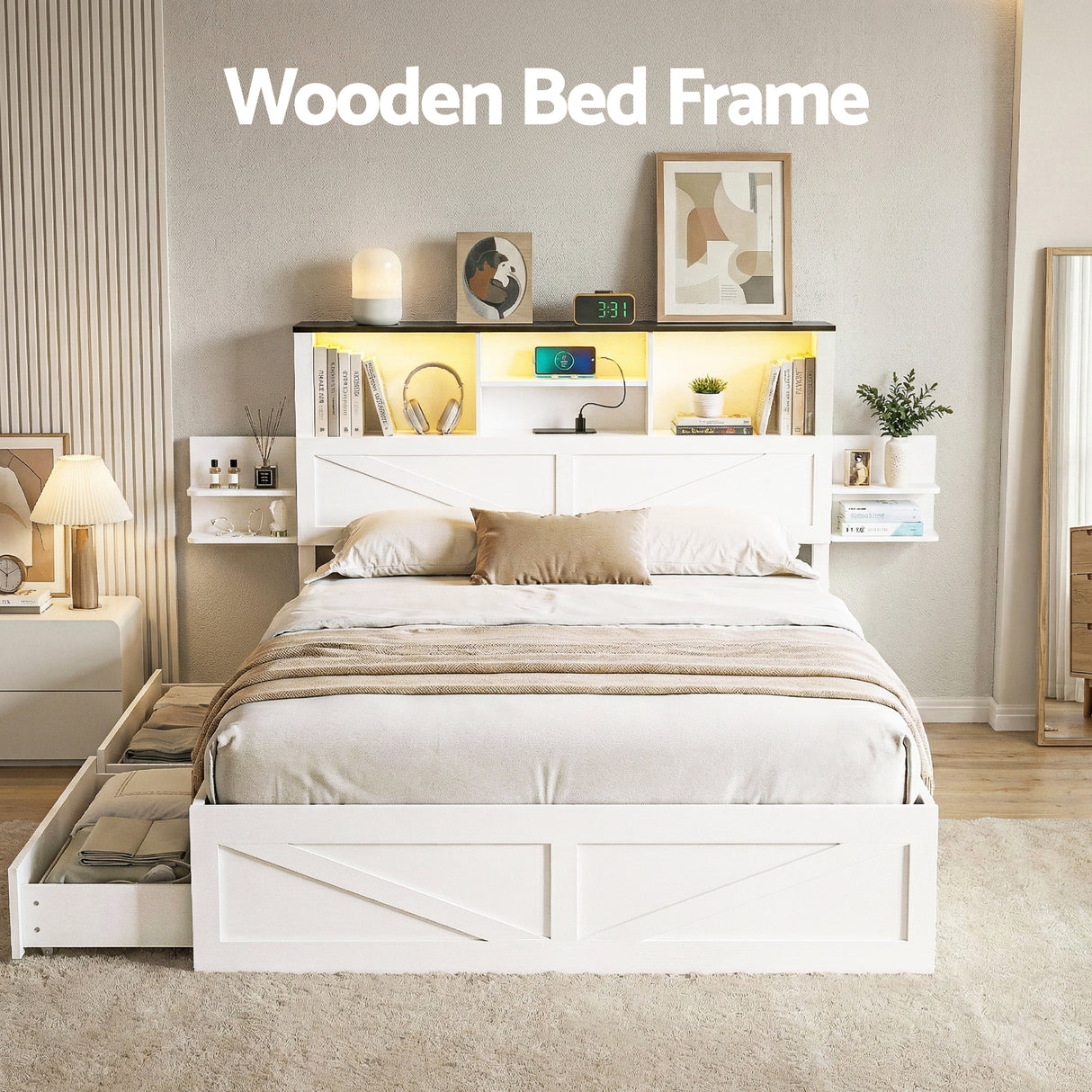 Artiss Double Bed Frame with Storage Drawers White Platform Bedframe with Bookcase Headboard Charging Station Led Light