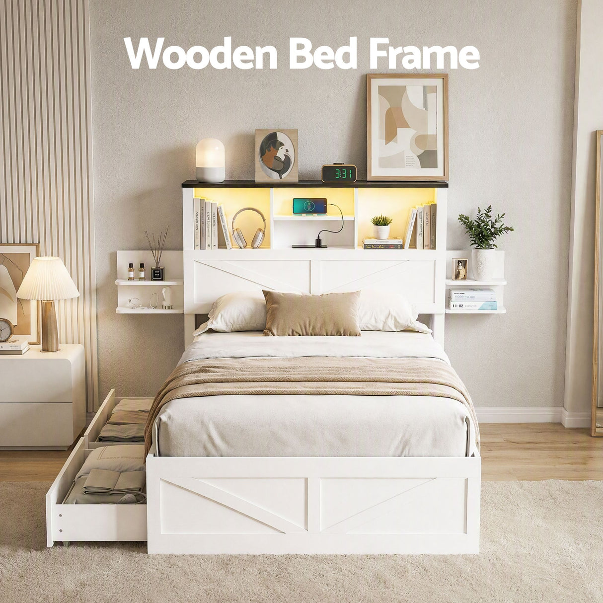 Artiss Single Bed Frame with Storage Drawers White Platform Bedframe with Bookcase Headboard Charging Station Led Light