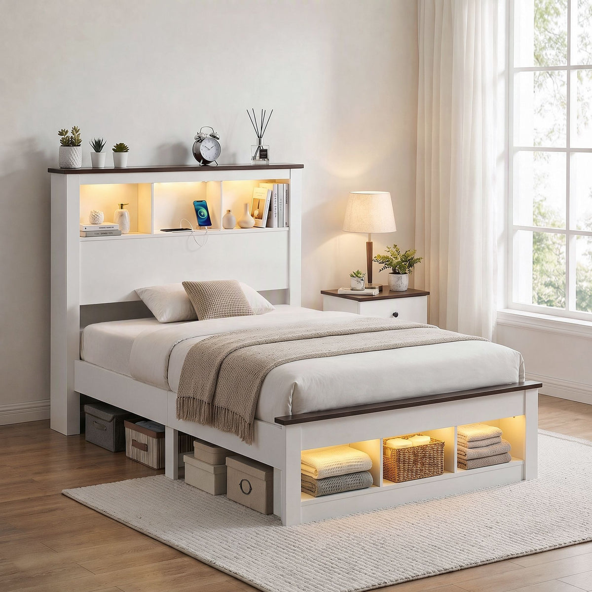 Artiss King Single Bed Frame with Storage Bookcase Headboard and Footboard, White