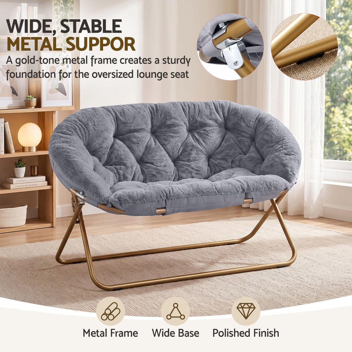 Artiss Double Saucer Chair Soft Faux Fur Lounge Foldable Oversize Chair for Bedroom Grey