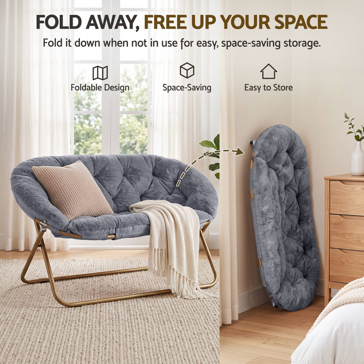 Artiss Double Saucer Chair Soft Faux Fur Lounge Foldable Oversize Chair for Bedroom Grey