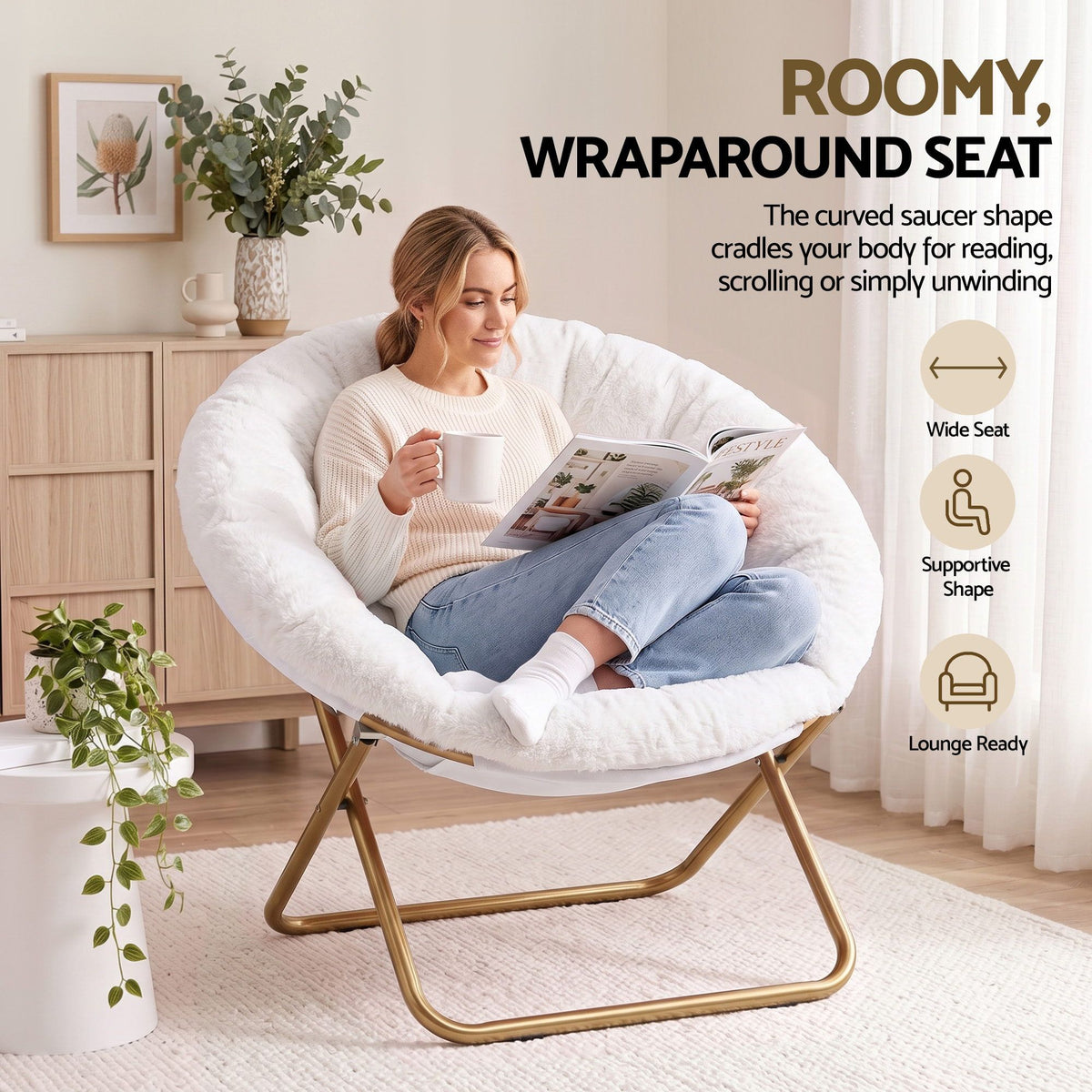 Artiss Cozy Saucer Chair Soft Faux Fur Folding Accent Chair for Bedroom White