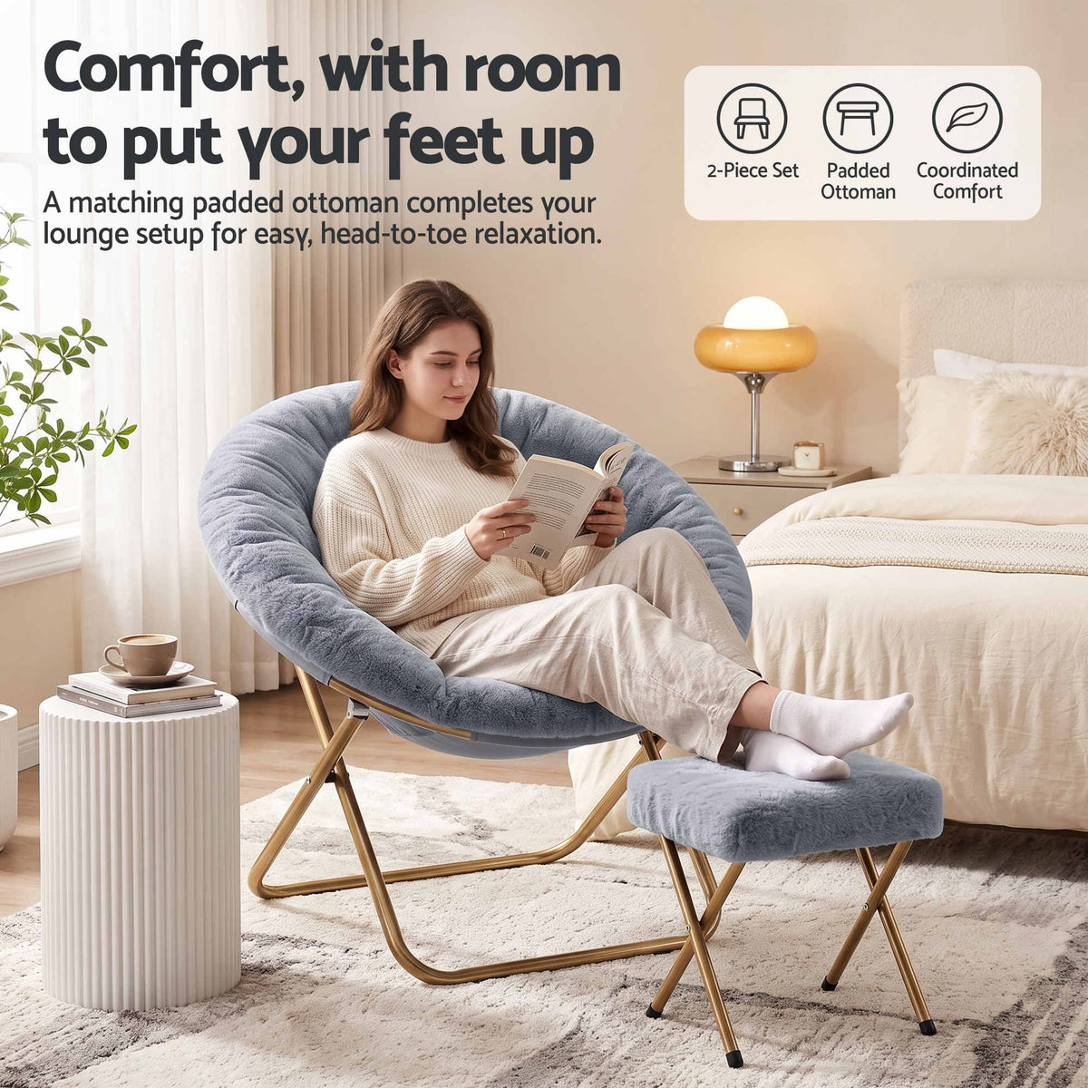 Artiss Comfy Saucer Chair Soft Faux Fur Foldable Accent Chair with Ottoman Grey