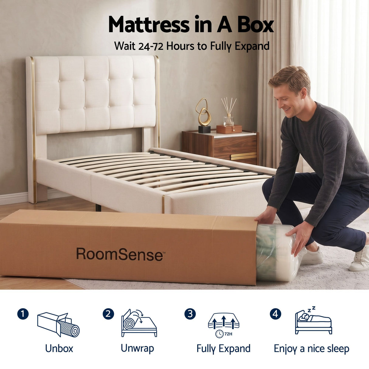 RoomSense Double Mattress, 34cm Thick Medium Soft Hybrid Mattress for Back Pain Relief, Tencel Cooling Gel Pocket Spring Mattress Double Size in a Box