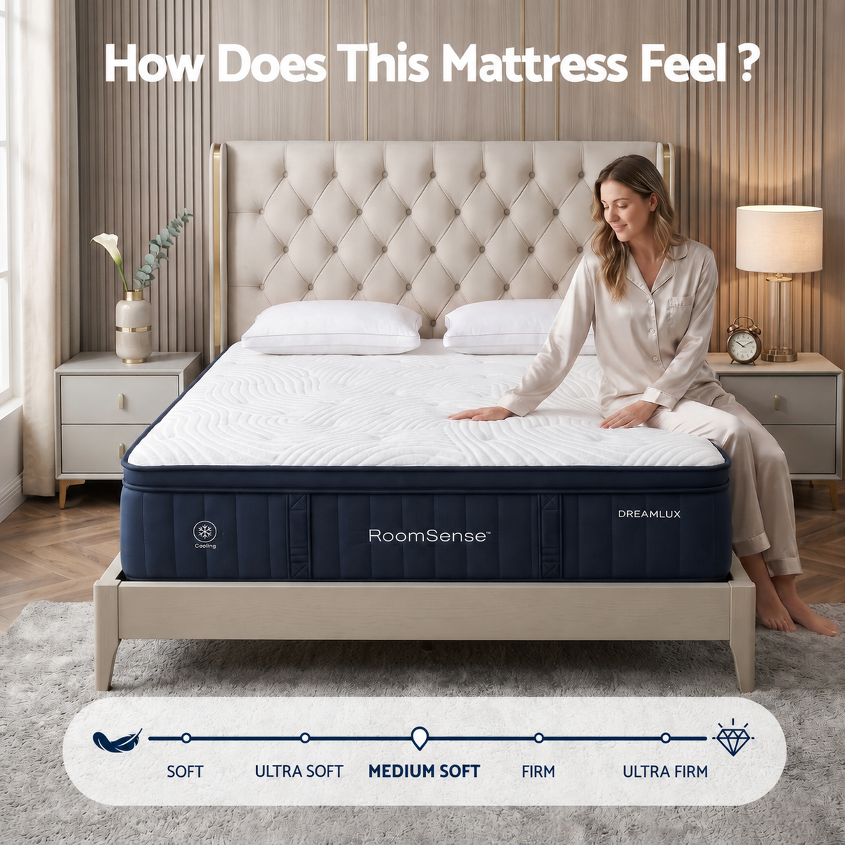RoomSense Double Mattress, 34cm Thick Medium Soft Hybrid Mattress for Back Pain Relief, Tencel Cooling Gel Pocket Spring Mattress Double Size in a Box