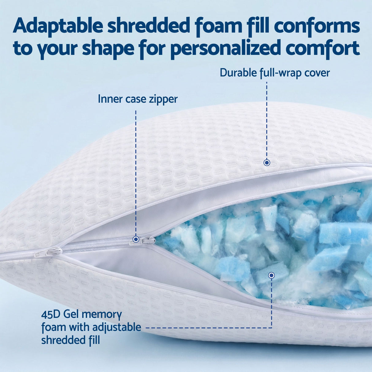 ROOMSENSE Cooling Memory Foam Pillow 2 Pack, Anti-Flattening Bed Pillows for Hot Sleepers, Adjustable Shredded Gel Side Sleeper Pillow for Neck Support, Washable Cover, 72x50x15cm