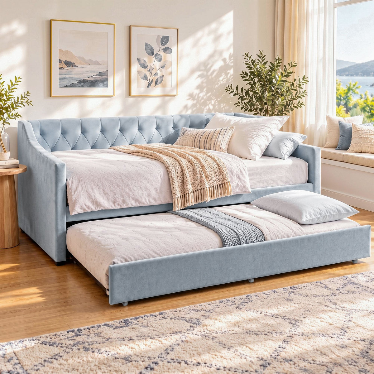 Artiss King Single Buttonless Tufted Daybed with Pull-Out Trundle, Light Blue