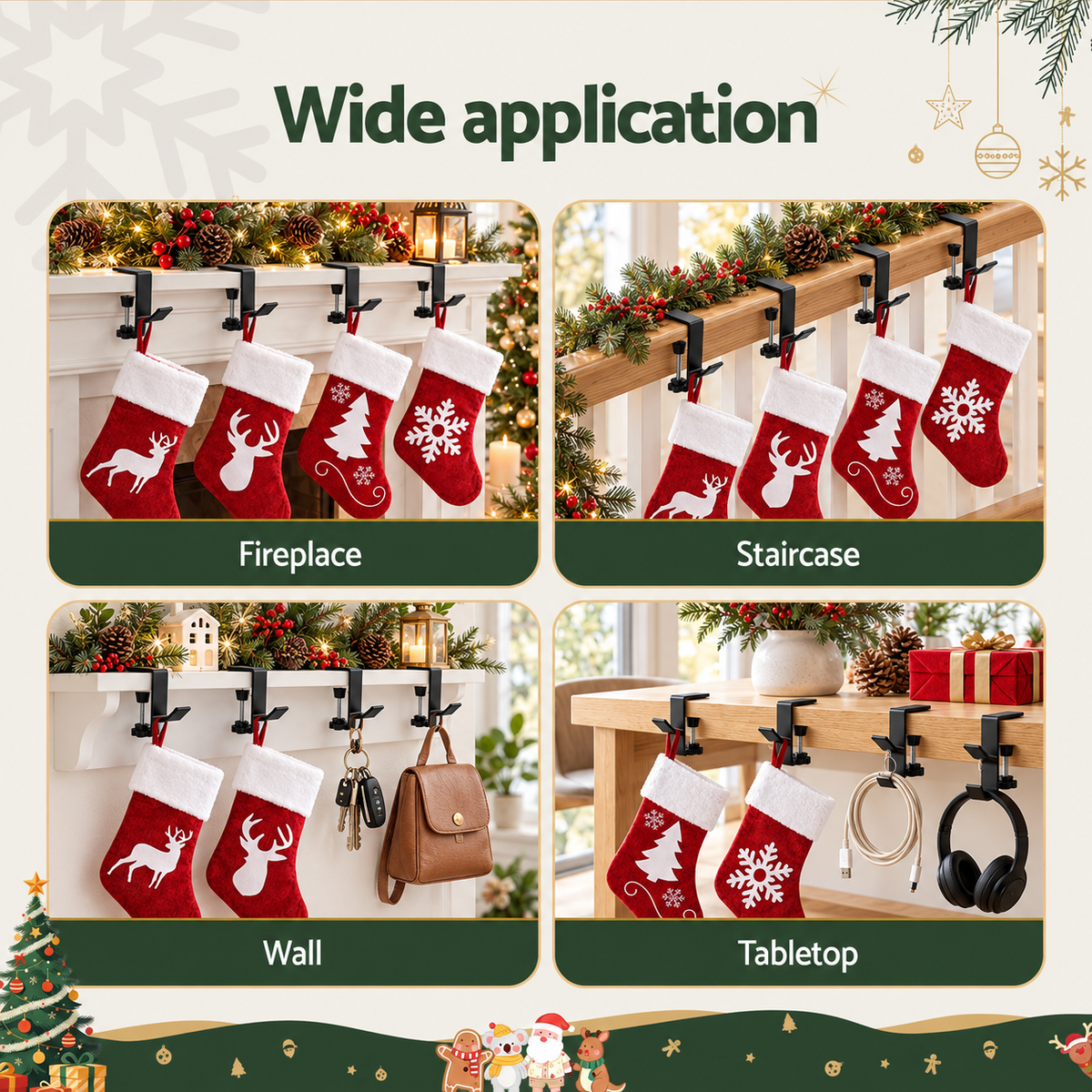 Jingle Jollys Christmas Stocking Set 4 Velvet Stockings 46.5cm & 4 No-Drill Holders