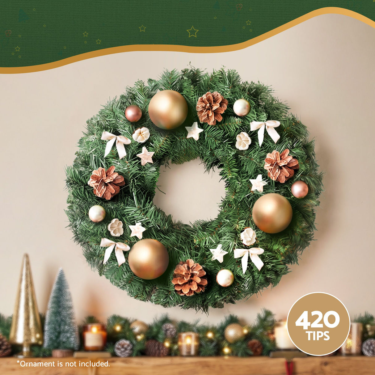 Jingle Jollys Christmas Wreath 60cm Artificial Green Garland Door Decoration 420 Tips Xmas Bush