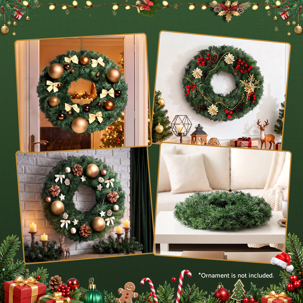 Jingle Jollys Christmas Wreath 60cm Artificial Green Garland Door Decoration 420 Tips Xmas Bush