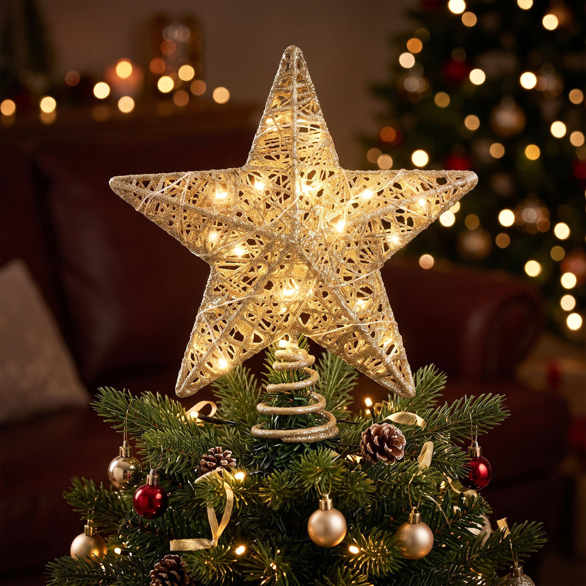 Jingle Jollys 3D Christmas Tree Topper Star 20 Warm LED Lights Gold Glitter