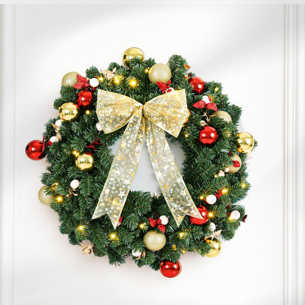 Jingle Jollys Christmas Wreath 60CM LED Garland Berries Bow Baubles Xmas Decor