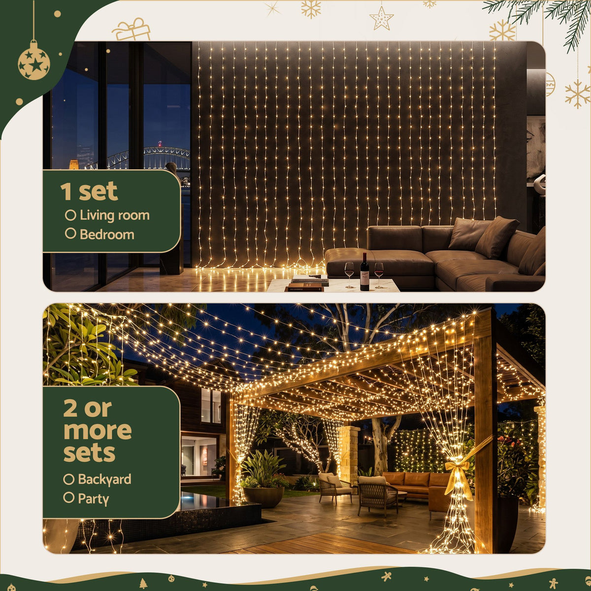 3X6M Christmas Lights Curtain Light Warm White 600 LED Jingle Jollys