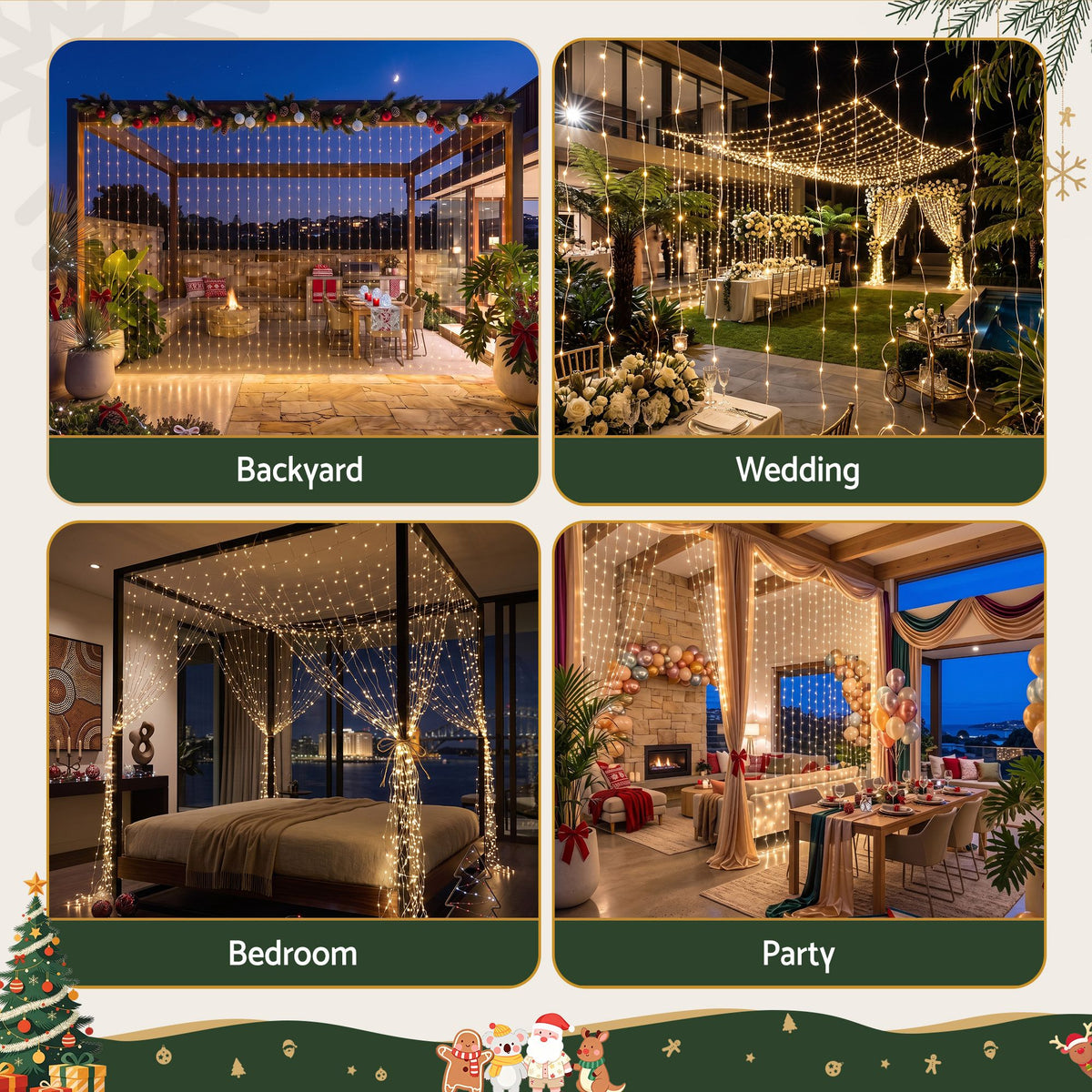 3X6M Christmas Lights Curtain Light Warm White 600 LED Jingle Jollys