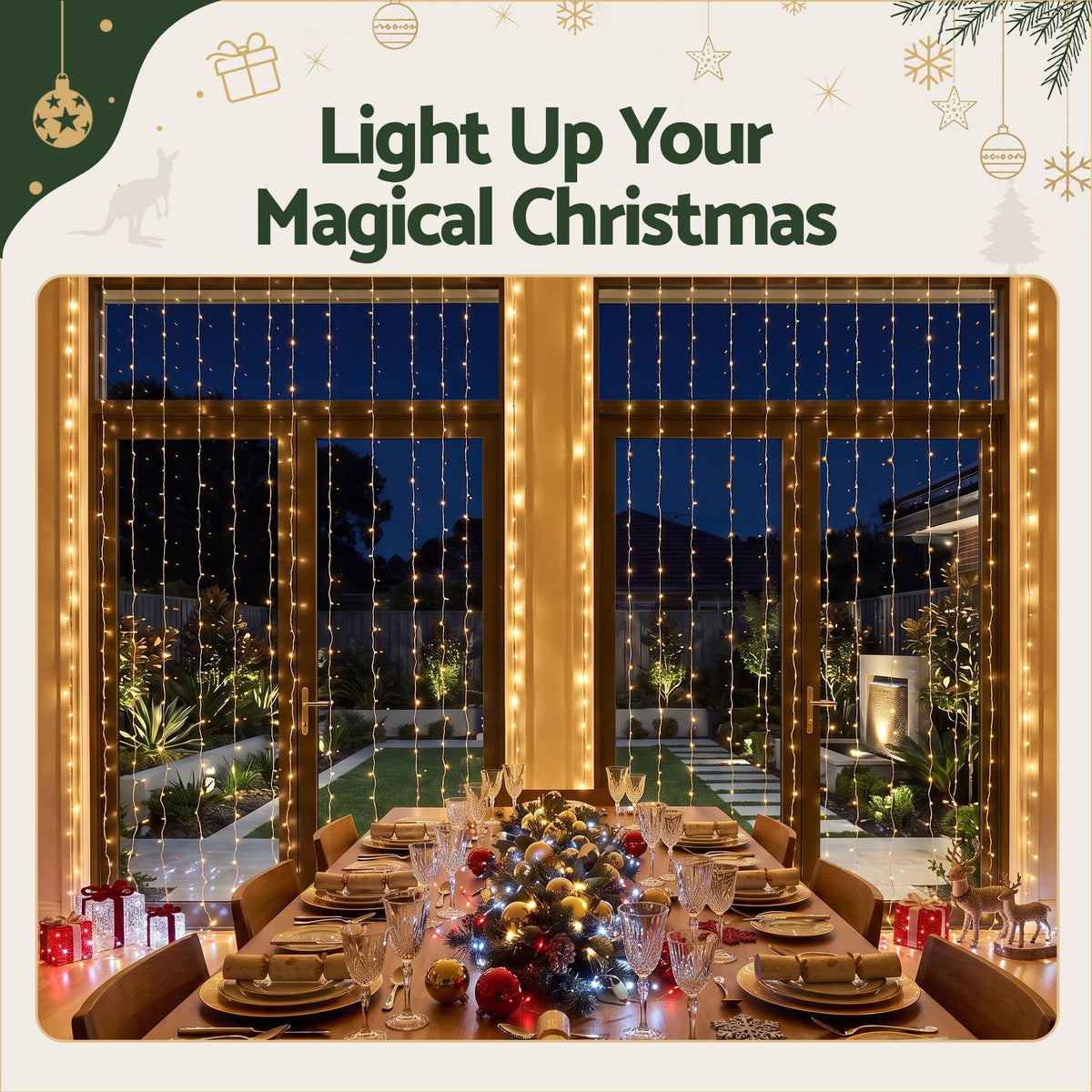 3X6M Christmas Lights Curtain Light Warm White 600 LED Jingle Jollys