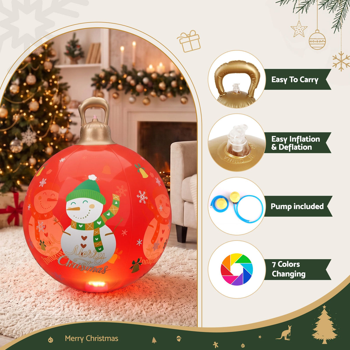 Jingle Jollys Christmas Inflatable Ball 60cm Illuminated Led Snowman Xmas Decor