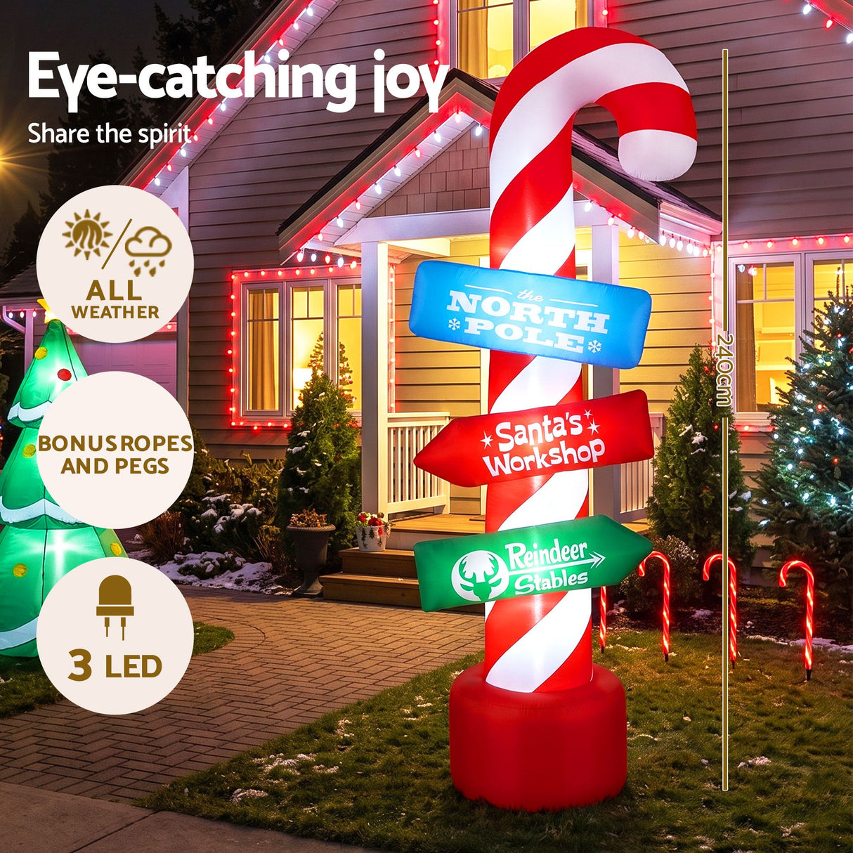 Jingle Jollys Christmas Inflatable Candy Pole 2.4M Illuminated Decorations