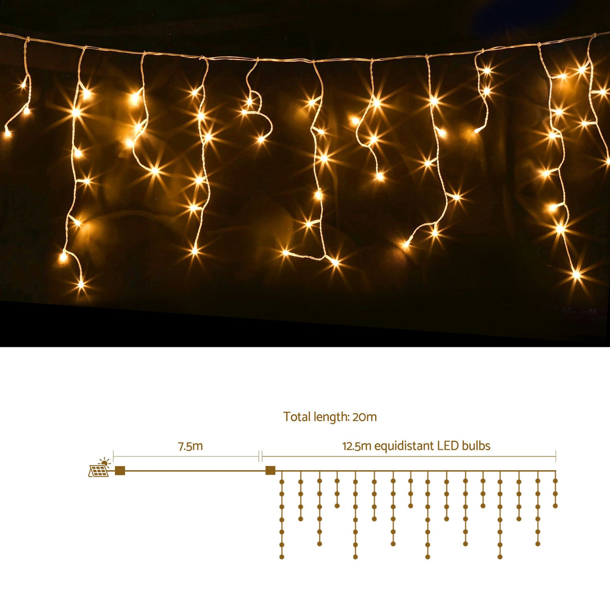 Jingle Jollys 12.5M Solar Christmas Lights Icicle String Light Warm White