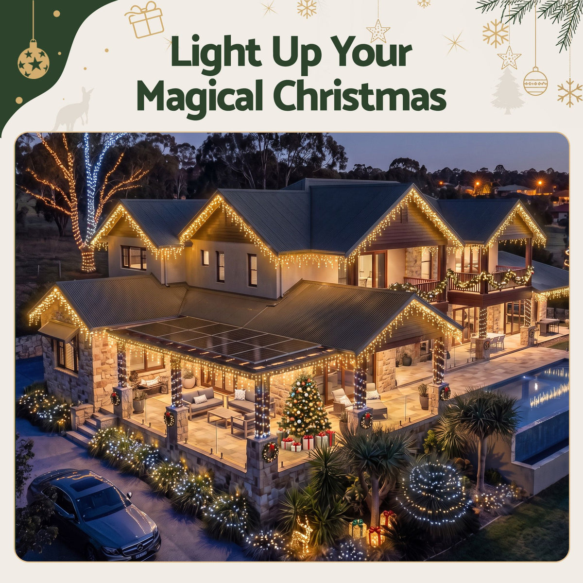 Jingle Jollys 12.5M Solar Christmas Lights Icicle String Light Warm White
