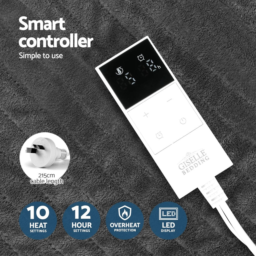 Giselle Electric Throw Heated Blanket Washable Snuggle Flannel Winter Grey