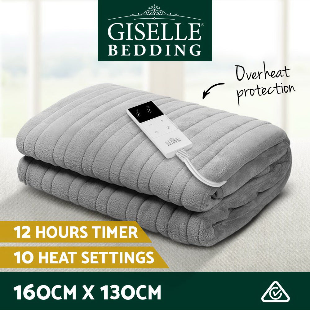 Giselle Bedding Heated Electric Throw Fleece Sunggle Blanket Washable Silver