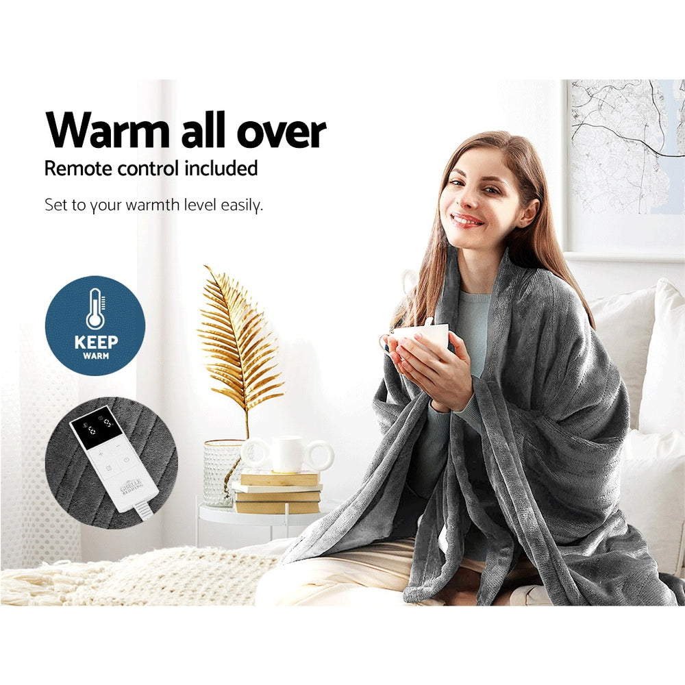 Giselle Bedding Heated Electric Throw Fleece Sunggle Blanket Washable Silver